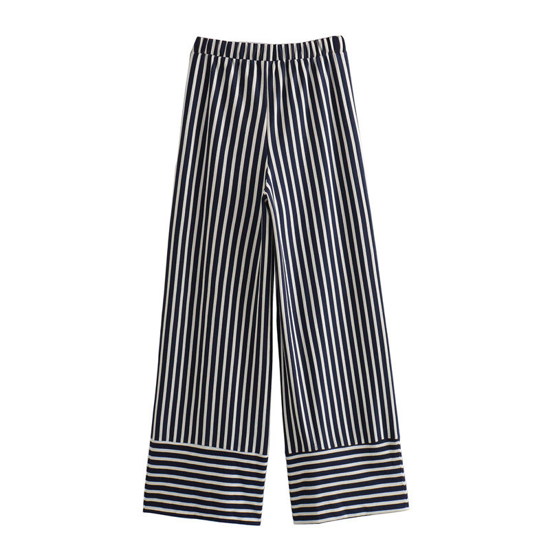 Oblique Shoulder Casual Striped Printed Shirt and Pants Set