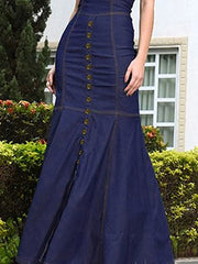 Buttoned Hollow Split-Joint Bodycon Mermaid Round-neck Maxi Dresses