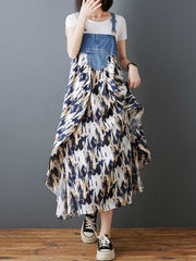 Flower Print Pockets Split-Joint Loose Plus Size Spaghetti-Neck Suspender Dress Maxi Dresses