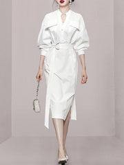 See-Through Split-Joint Split-Side Tied Waist Long Sleeves Loose V-Neck Shirt Dress Midi Dresses