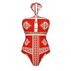 Halter Straps Cutout Backless Printed One Piece Swimsuit and Skirt Flaxmaker(Shipped on Dec 29th)
