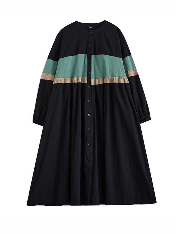 Buttoned Contrast Color Elasticity Split-Joint Long Sleeves Loose Round-neck Midi Dresses