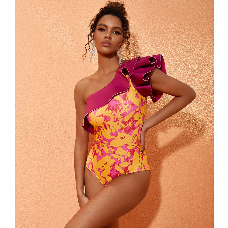 One Shoulder Ruffle Printed One Piece Swimsuit and Sarong Flaxmaker