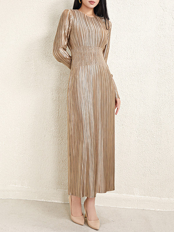 Bronzing Pleated Shiny Solid Color A-Line High Waisted Round-Neck Midi Dresses