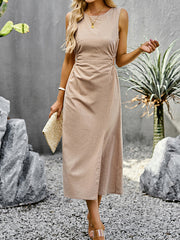 Hollow Solid Color Split-side Sleeveless Round-neck Midi Dresses