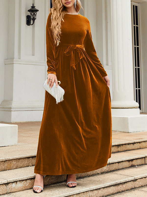 Belted Pleated Solid Color Zipper Long Sleeves Wrap Round-Neck Maxi Dresses