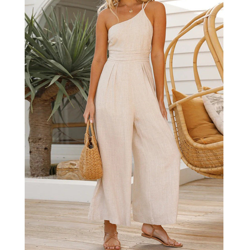 Fashion One Shoulder Solid Color  High Waist  Jumpsuit