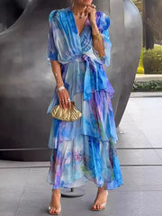 Flower Printed Gradient Ruffled Half Sleeves Maxi Dresses