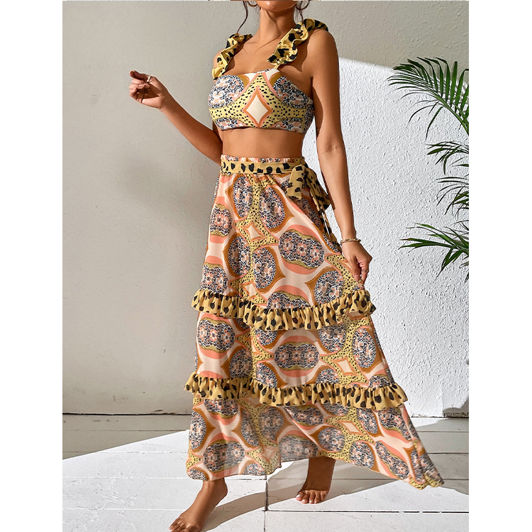 Ruffle Starp Leopard Print High Waist Bikini Swimsuit and Skirt Flaxmaker