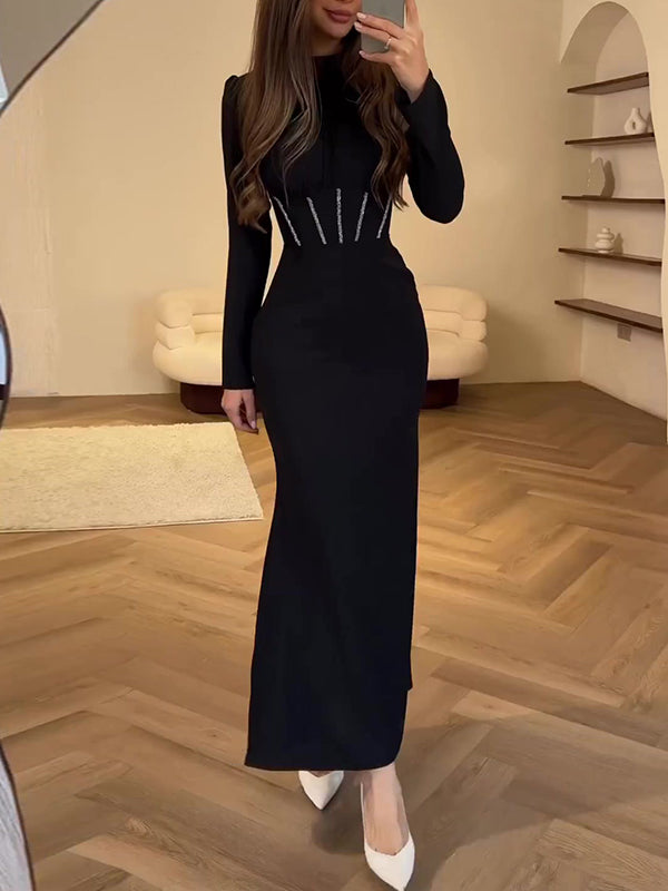 Pleated Solid Color Tied Zipper Bodycon Long Sleeves Mock Neck Maxi Dresses