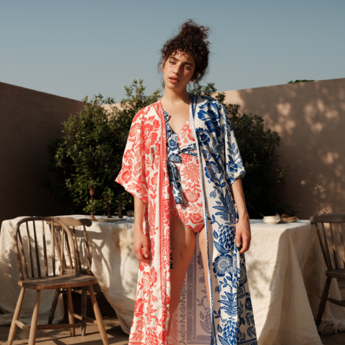 Flaxmaker Red Blue Mixed Floral Print Swimsuit and Cover Up
