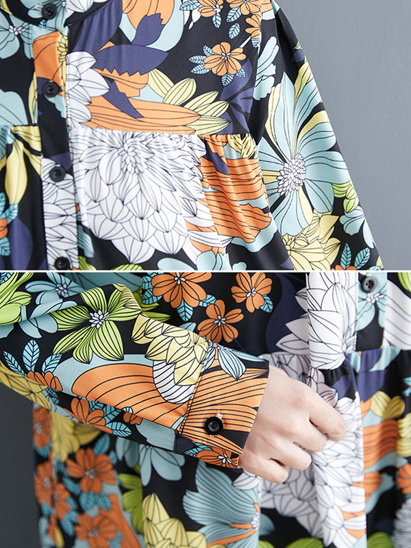 Long Sleeves Loose Floral Printed Round-Neck Midi Dresses