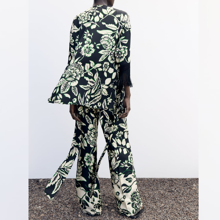 Tassel Lace Up Printed Shirt and Pants