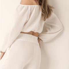 Fashion Casual  Off Shoulder Solid Color  Two Piece Set