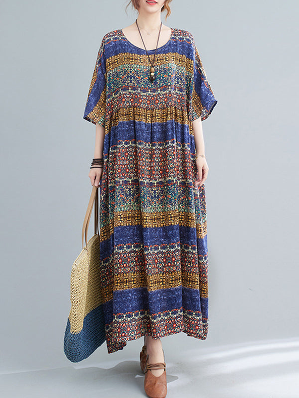 Batwing Sleeves Raglan Sleeve Printed Striped Round-Neck Midi Dresses