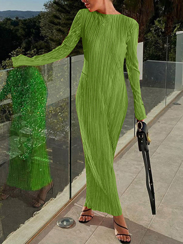 Pleated Solid Color Split-Joint Long Sleeves Skinny Round-Neck Maxi Dresses