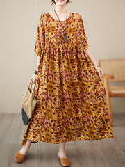 Pleated Split-Joint Batwing Sleeves Loose Round-Neck Midi Dresses