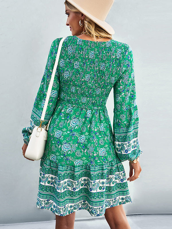 Bohemia A-Line Loose Floral Printed V-Neck Dress