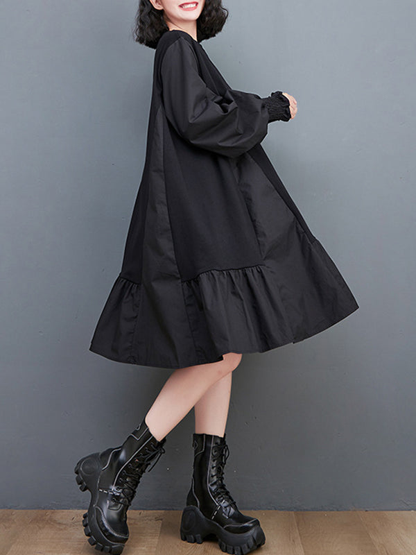 Pleated Solid Color Split-Joint Loose Puff Sleeves Round-neck Midi Dresses