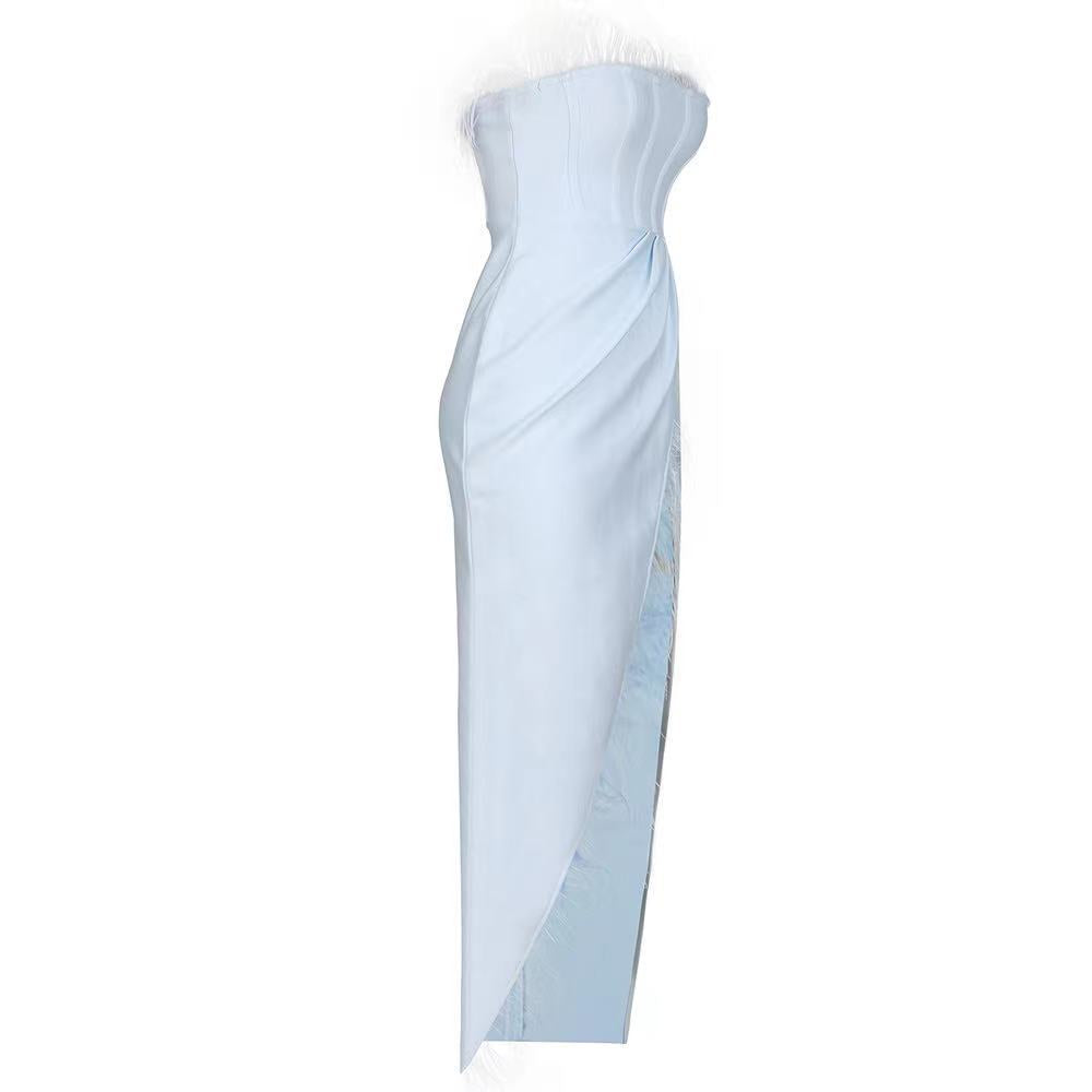 Off Shoulder Fuzzy Trim Split Thigh Midi Dress Flaxmaker