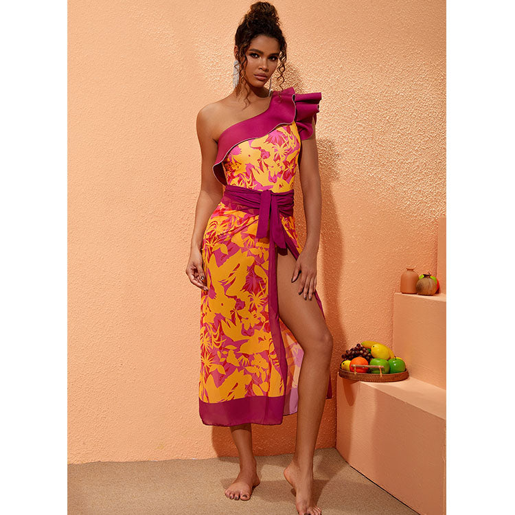 One Shoulder Ruffle Printed One Piece Swimsuit and Sarong Flaxmaker