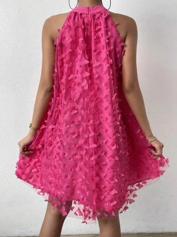 Jacquard Pleated Solid Color Split-Joint Loose Sleeveless Stand Collar Mini Dresses