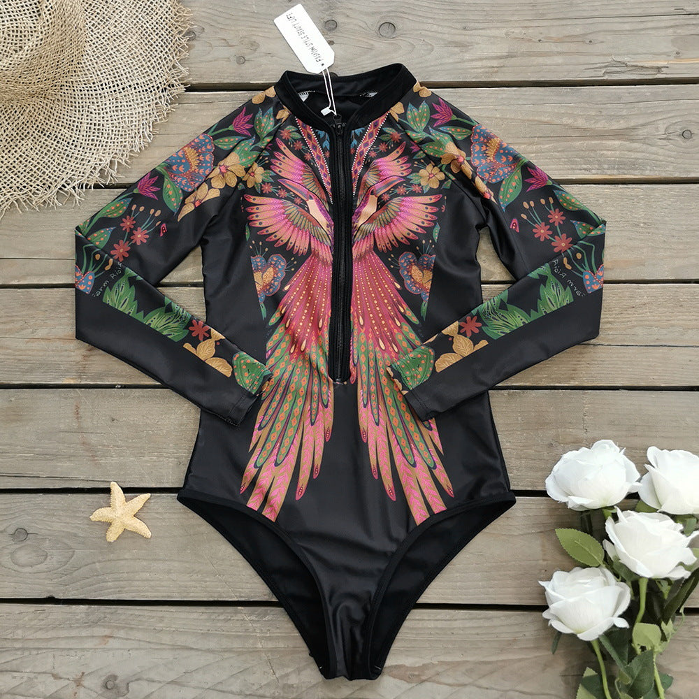 Long Sleeve Zipper Printed Surf One Piece Swimsuit Flaxmaker