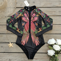 Long Sleeve Zipper Printed Surf One Piece Swimsuit Flaxmaker