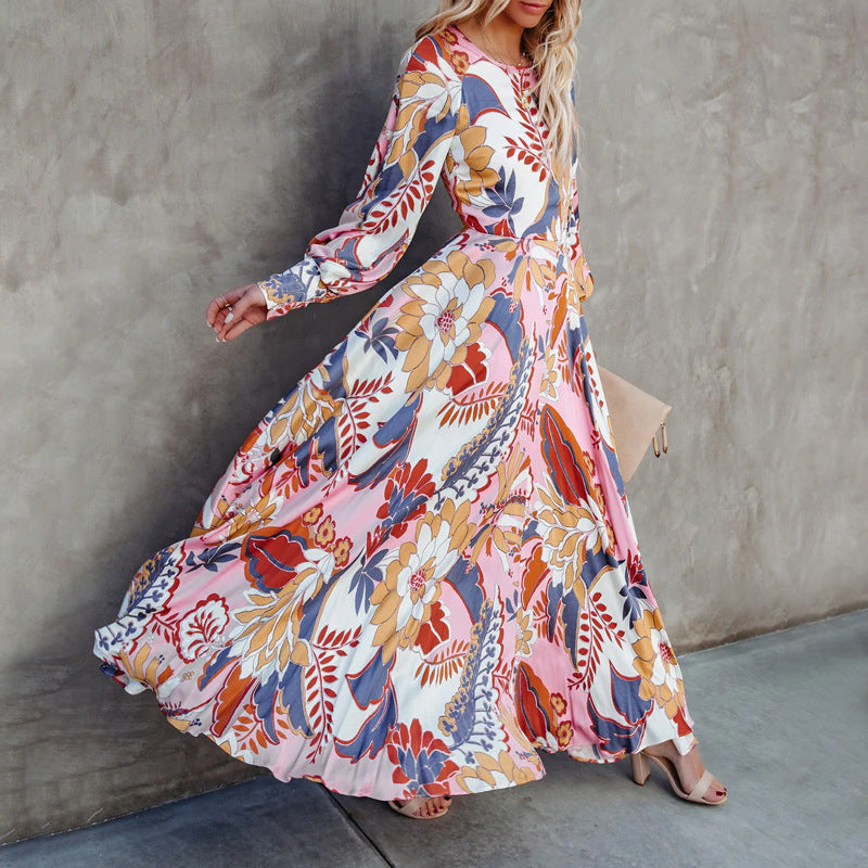 Boat Neck Puff Sleeve Blossom Printed  Dress