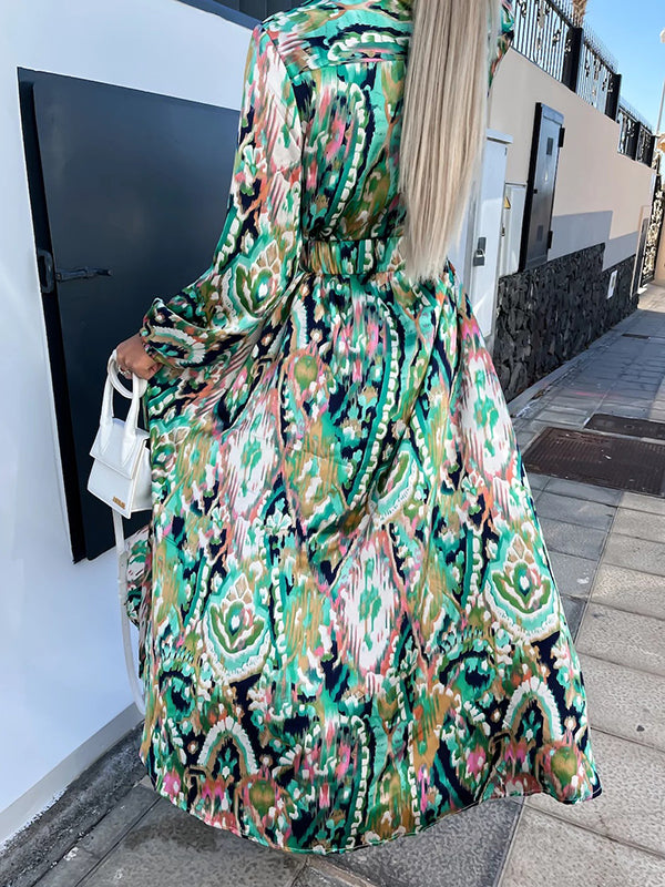 Belted Elasticity Printed Split-Front High Waisted Long Sleeves V-Neck Maxi Dresses