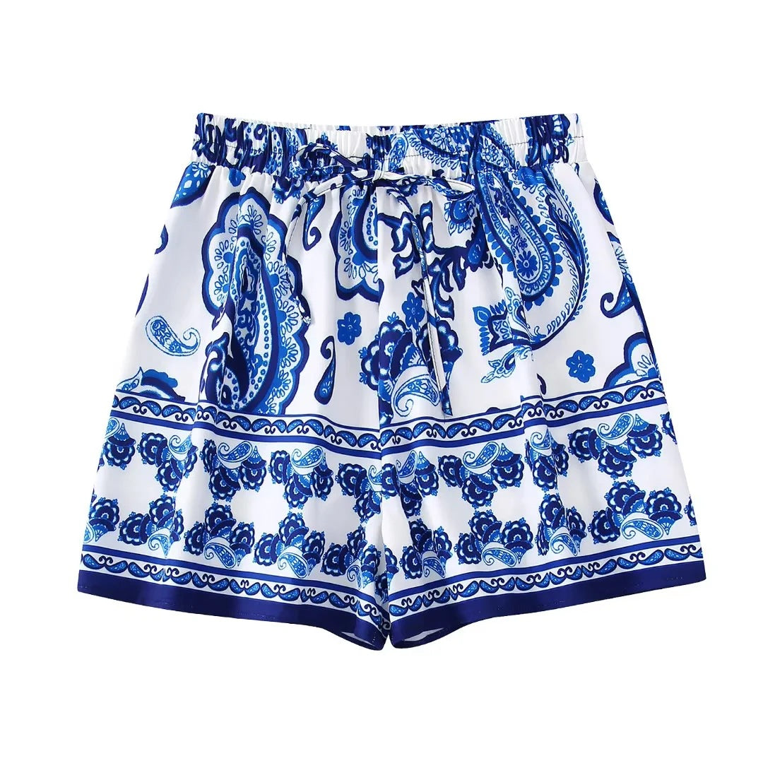 Flaxmaker Fashion Casual Blue and White Porcelain Prined  Two Piece Set