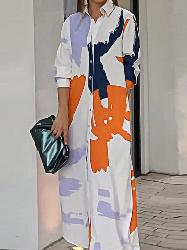 Buttoned Contrast Color Pockets Printed Split-Side Loose Wrap Shirt Dress