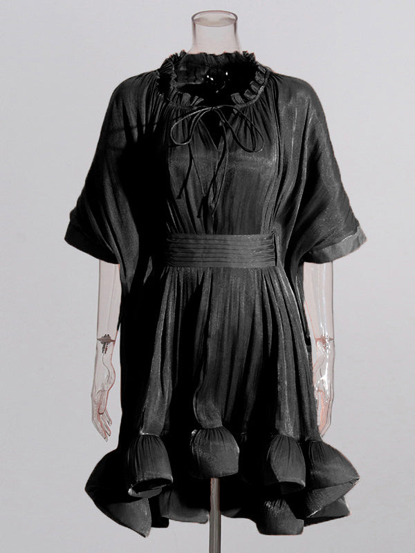 Floral Pleated Split-Joint High-Low Loose Stand Collar Mini Dresses