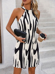 Drawstring Lace-Up Pleated Split-Joint Loose Sleeveless Halter-Neck Mini Dresses