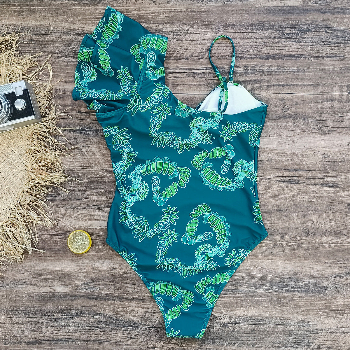 Ruffle Oblique Shoulder  Printed One Piece Swimsuit and Sarong
