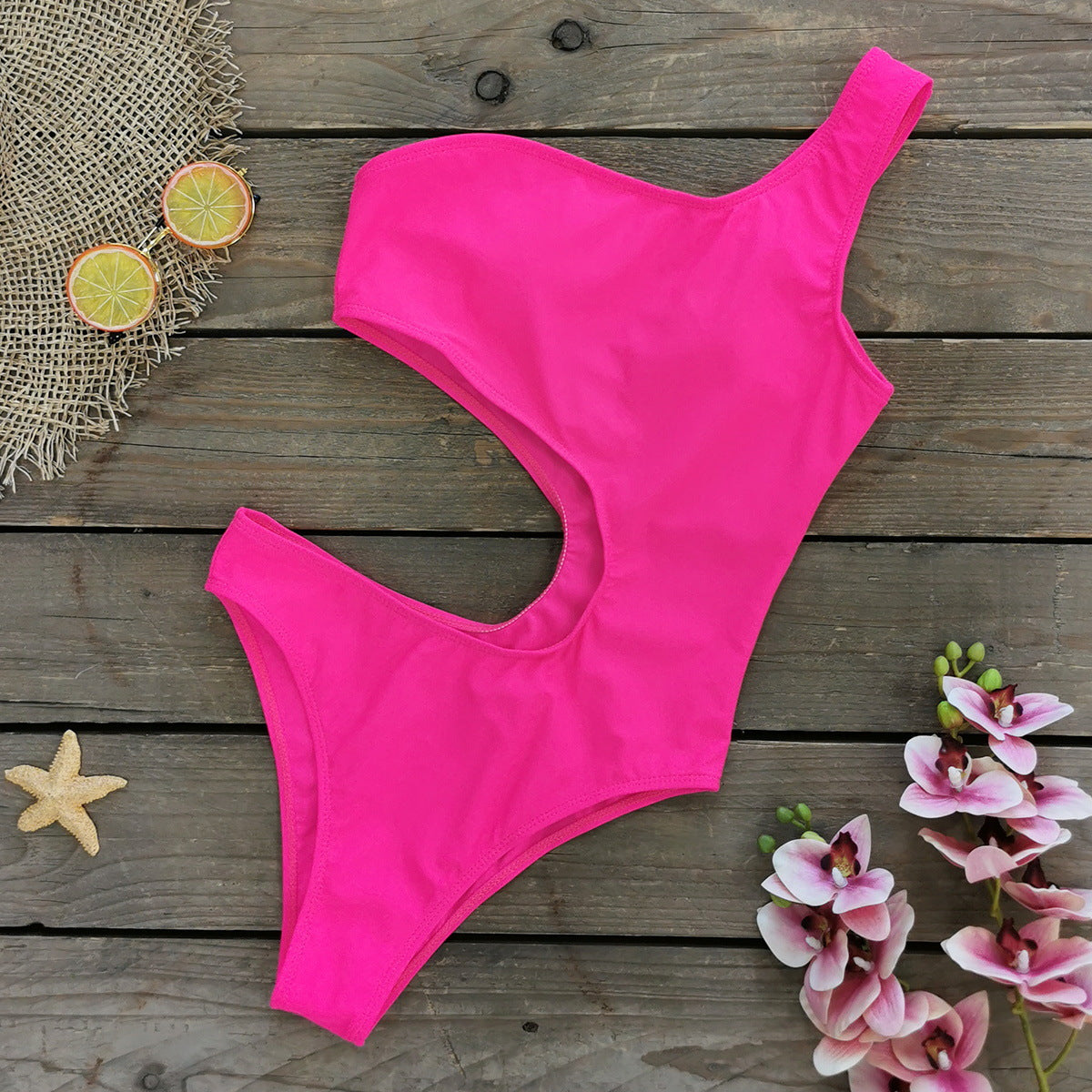 Oblique Shoulder Cutout One Piece Swimsuit and Sarong