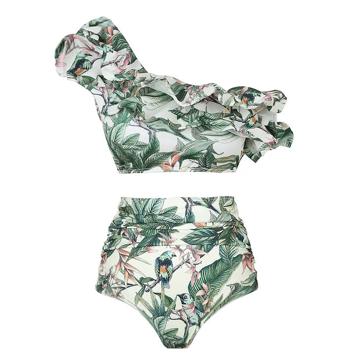 One Shoulder Ruffled White High Waist Bikini Swimsuit Flaxmaker