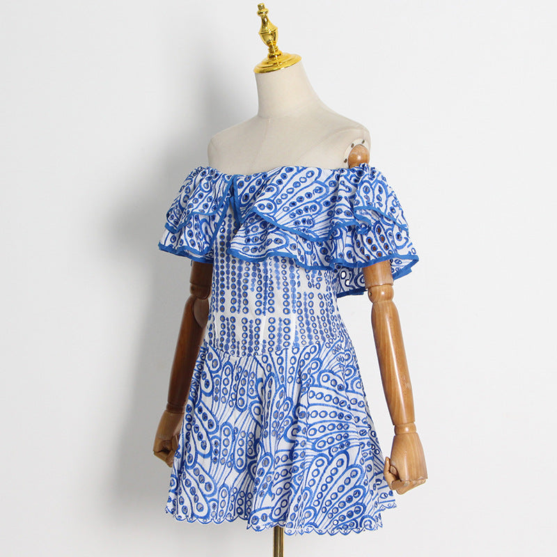 Double Ruffle Embroidery Hollow Out Mini Dress
