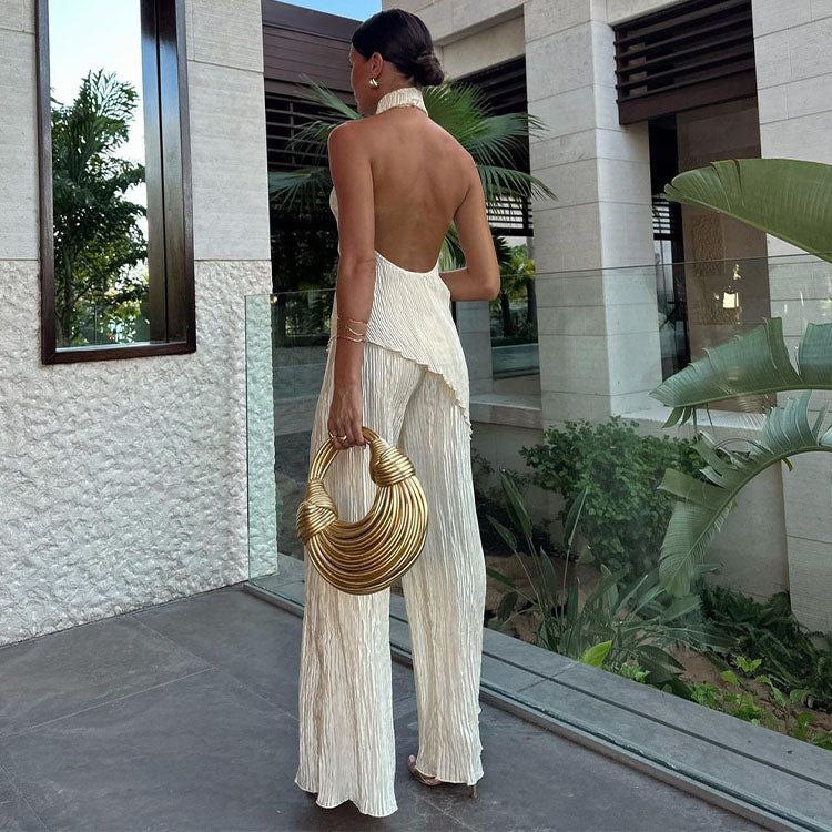 Halter Backless Solid Color Cami and Pants Set