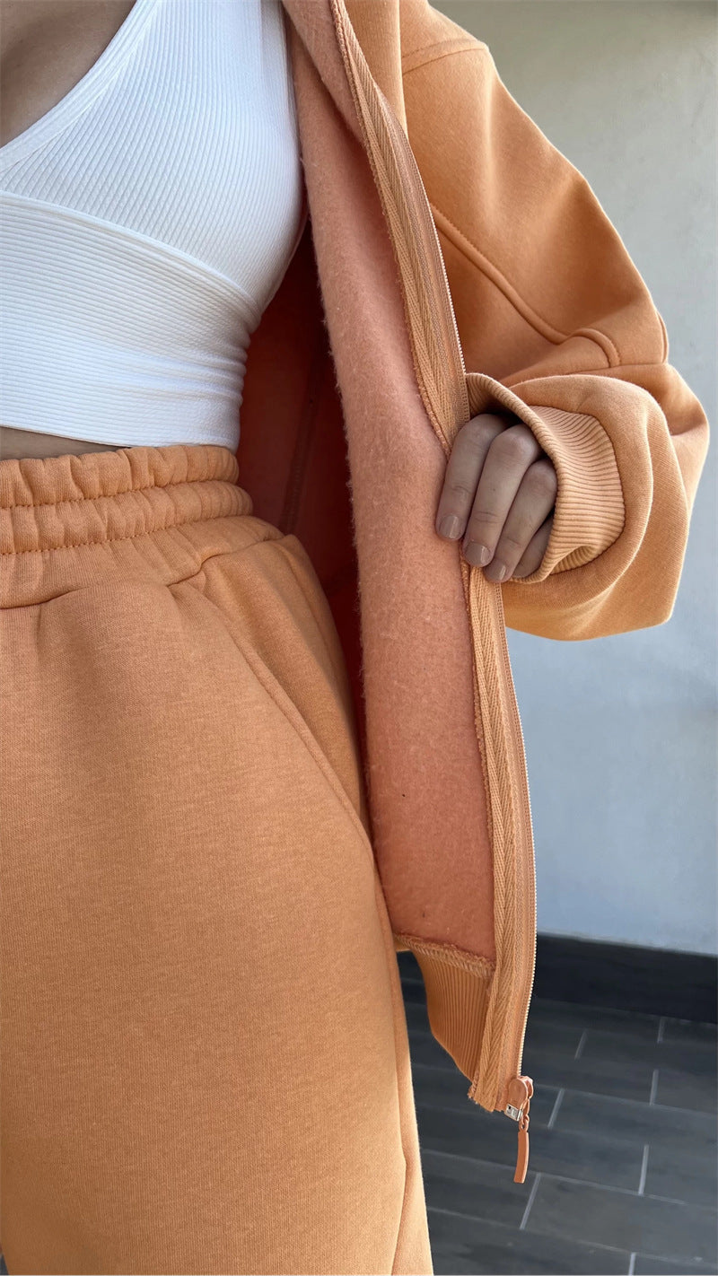 Velvet Stand Collar Long-sleeved  Hoodie Two Piece Set