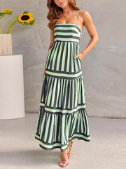 Pleated Split-Joint Striped Loose Sleeveless Spaghetti-Neck Maxi Dresses