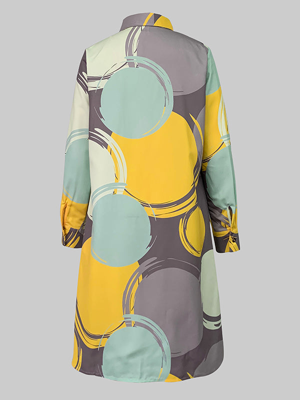 Buttoned Pockets Printed A-line Long Sleeves Lapel Midi Dresses