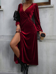 Elasticity Solid Color Split-Front Split-Joint Tied Waist Velvet A-Line High Waisted V-Neck Maxi Dresses
