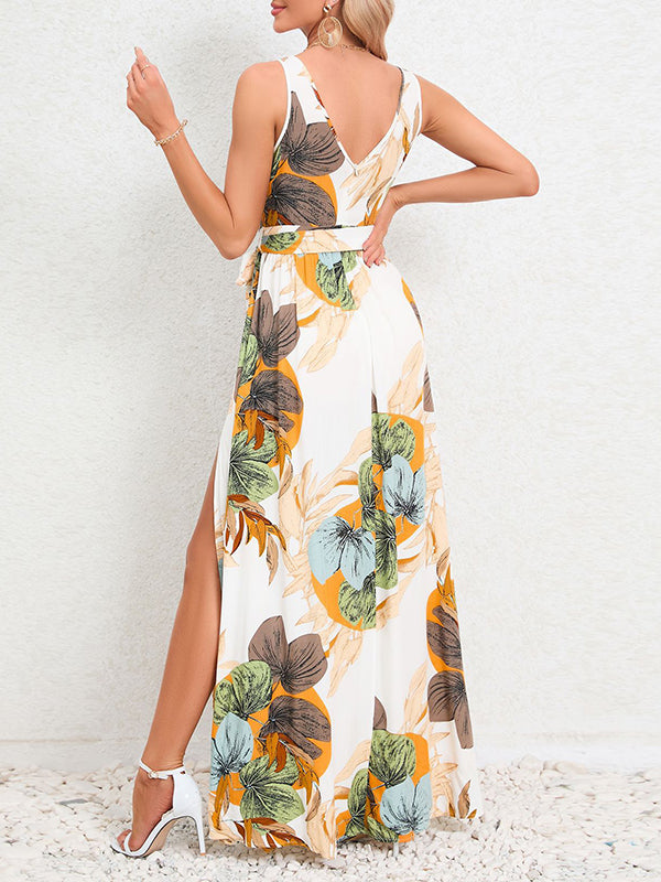 Flower Print Pleated Split-Front Tied Waist A-Line Loose V-Neck Maxi Dresses