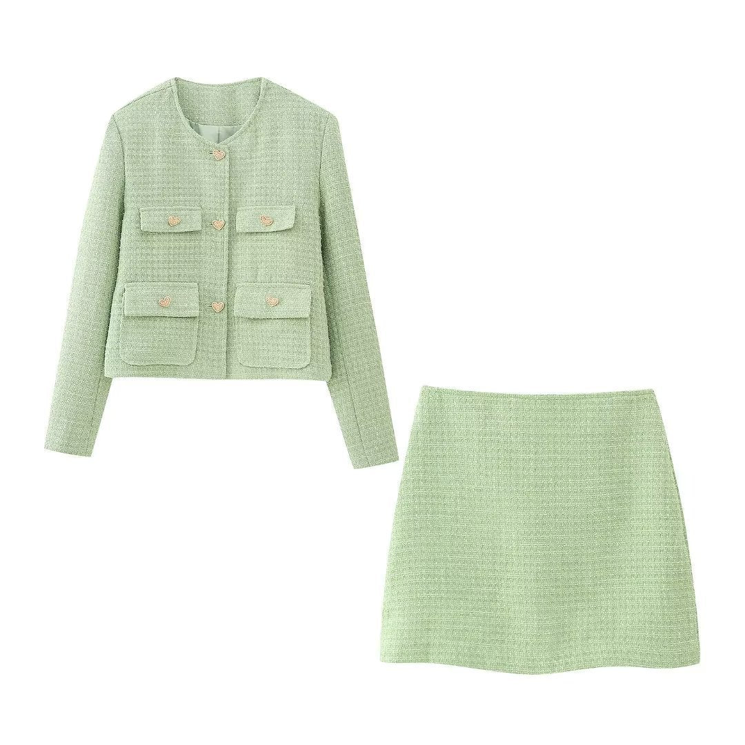 Fashion Green Tweed Coat and Skirt