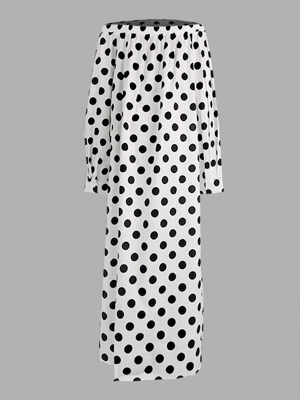 Elasticity Polka-Dot Split-Joint A-line Long Sleeves Off-the-shoulder Maxi Dresses