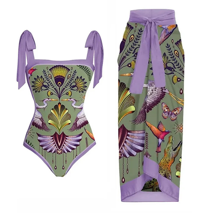 Tie-shoulder Animal Print One Piece Swimsuit and Sarong