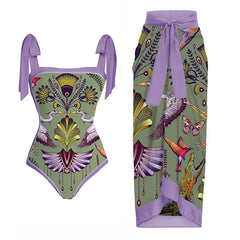 Tie-shoulder Animal Print One Piece Swimsuit and Sarong