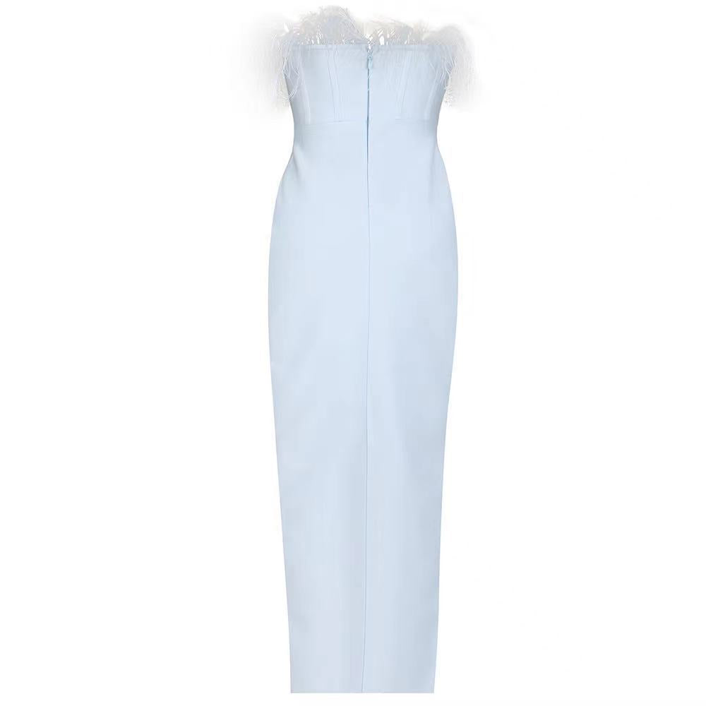 Off Shoulder Fuzzy Trim Split Thigh Midi Dress Flaxmaker