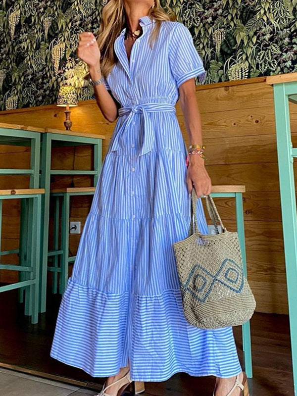 Striped Loose Short Sleeves Lapel Maxi Dresses